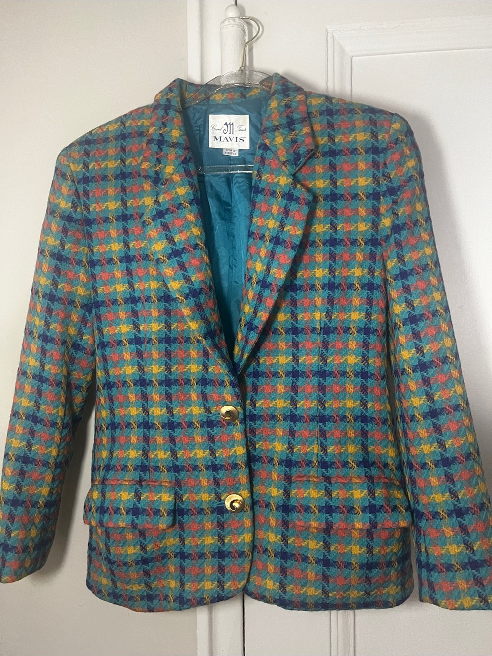 Vintage Mavis Teal Multi Colored Plaid Blazer